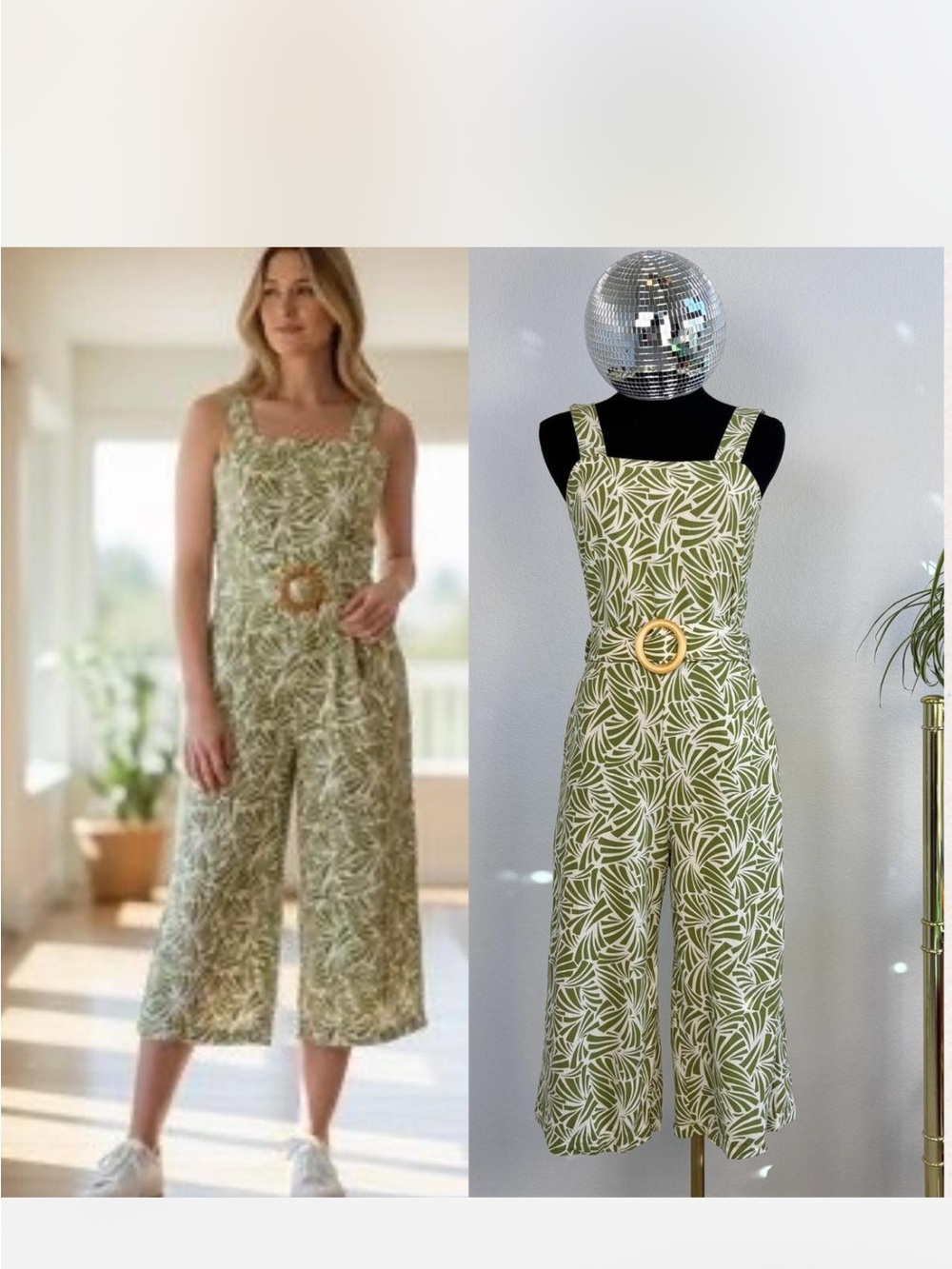 Monteau Los Angeles Olive Leaf Print Wide-Leg Jumpsuit with Belt